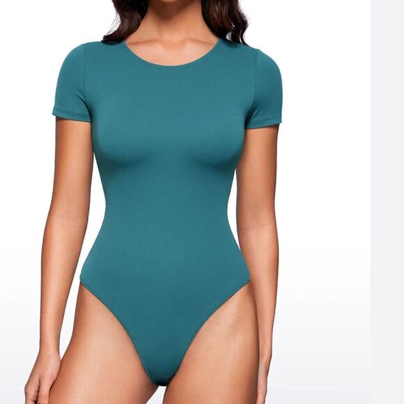 CRZ YOGA Cotton Crew Neck Short Sleeves Bodysuit, Borealis Green, Small, NWT - Picture 2 of 9